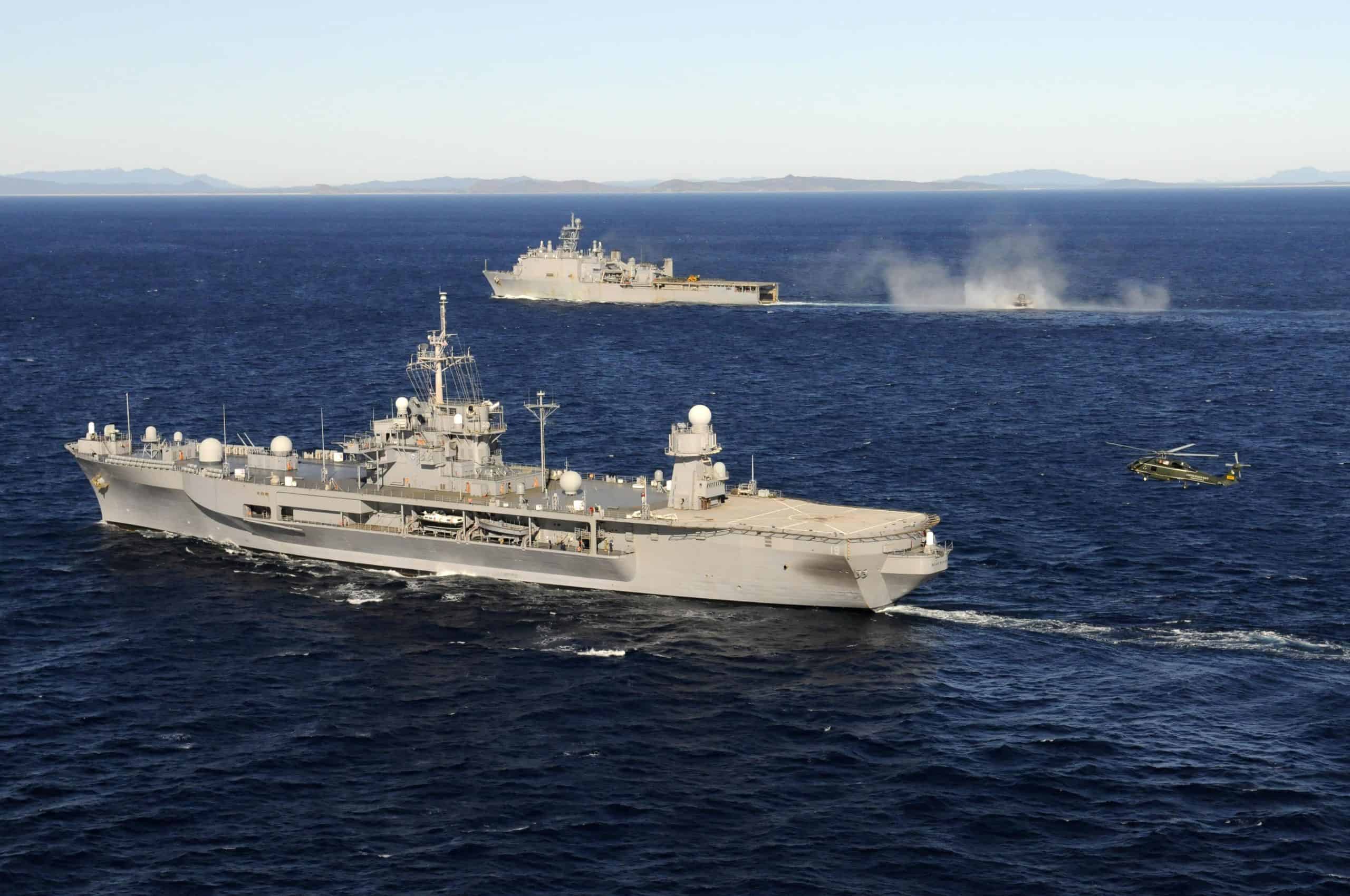 USS Blue Ridge conducts flight operations in the Coral Sea while underway with USS Germantown.