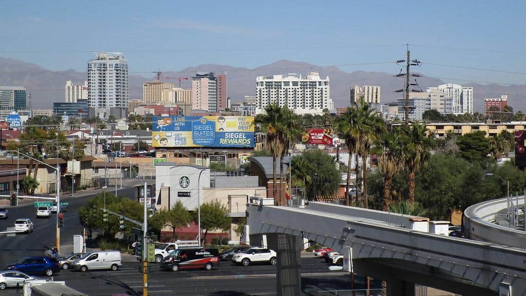 Nevada+city+skyline | Nevada - Las Vegas: Intersection of the Strip and Sahara Avenue - in the background the skyline of downtown Las Vegas