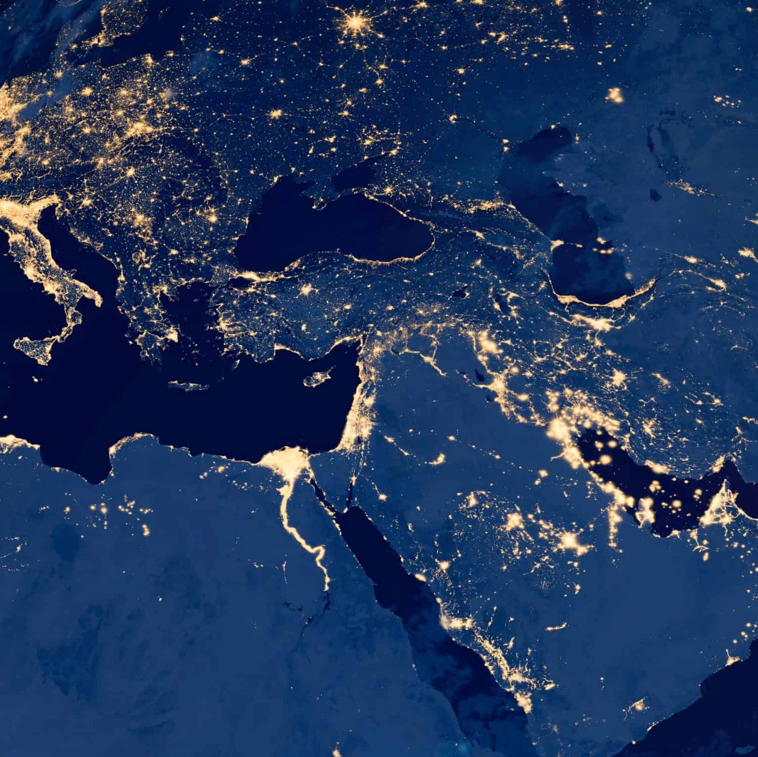 Earth photo at night, City Lights of Europe, Middle East, Turkey, Italy, Black Sea, Mediterrenian Sea from space, World map on dark globe on satellite photo. Elements of this image furnished by NASA.