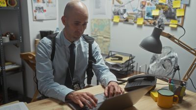 A bald man with a beard working on a laptop in a cluttered detective office surrounded by evidence boards.