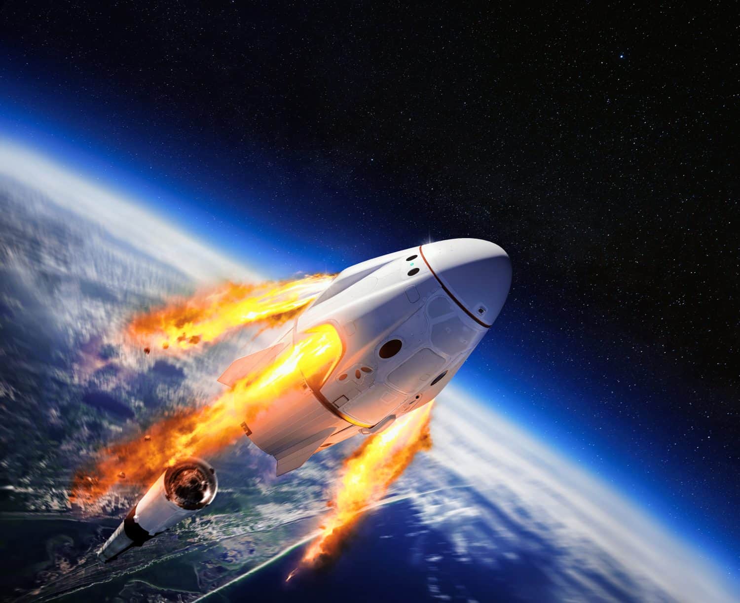 Crew Dragon spacecraft of the private American company SpaceX in space. Dragon is capable of carrying up to 7 passengers to and from Earth orbit, and beyond. Elements of this image furnished by NASA.