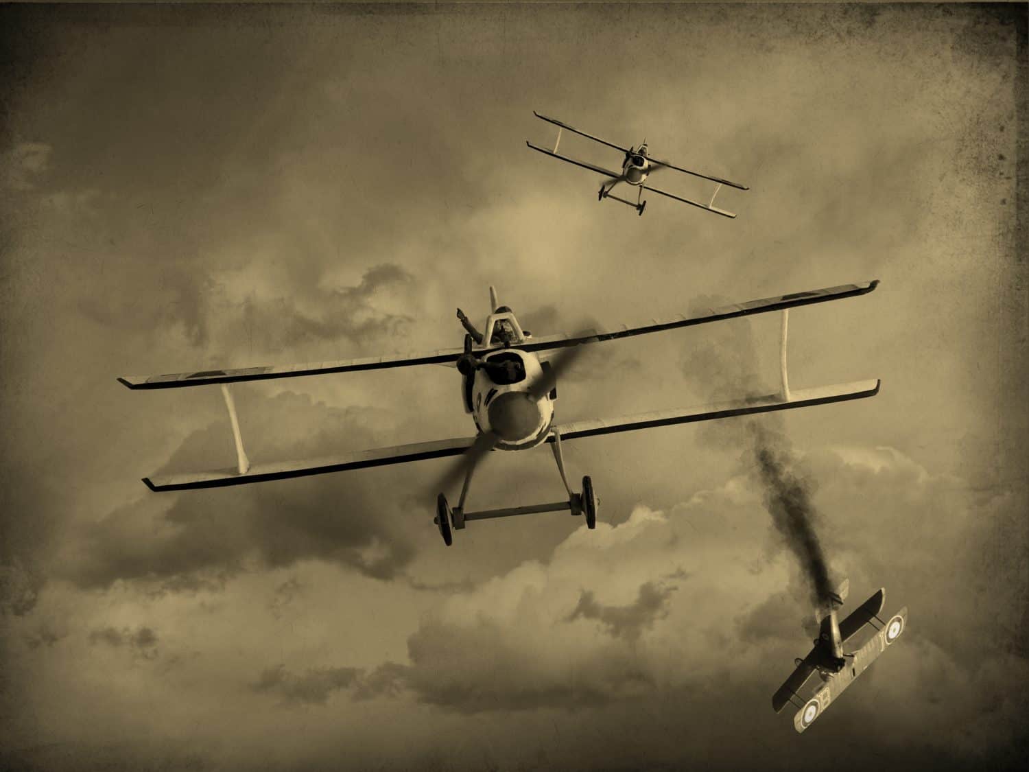 Vintage style image of a World War One fighter aircraft having a dogfight. One airplane was shot down. (Artist impression)