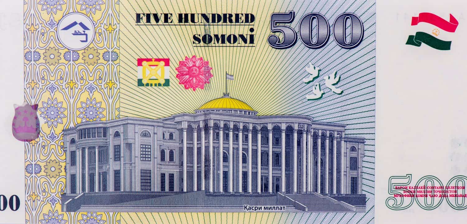 View of the Palace of the Nation of Dushanbe. Portrait from Tajikistan 500 Somoni 2010 Banknotes.