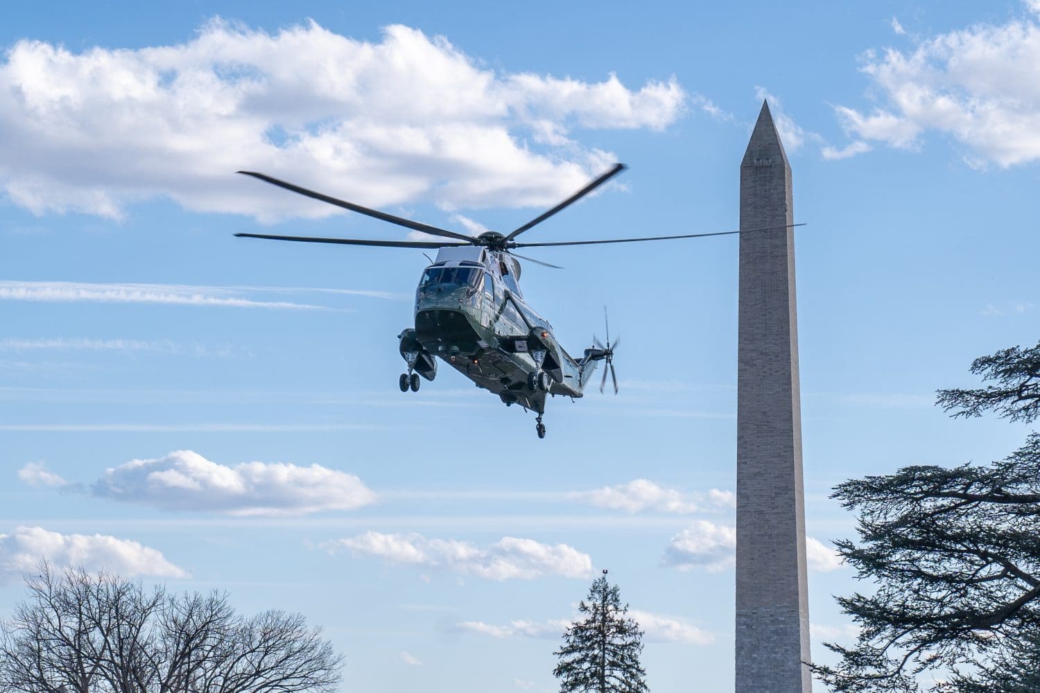 Helicopter Marine One with President Joe Biden onboard landing at the White House