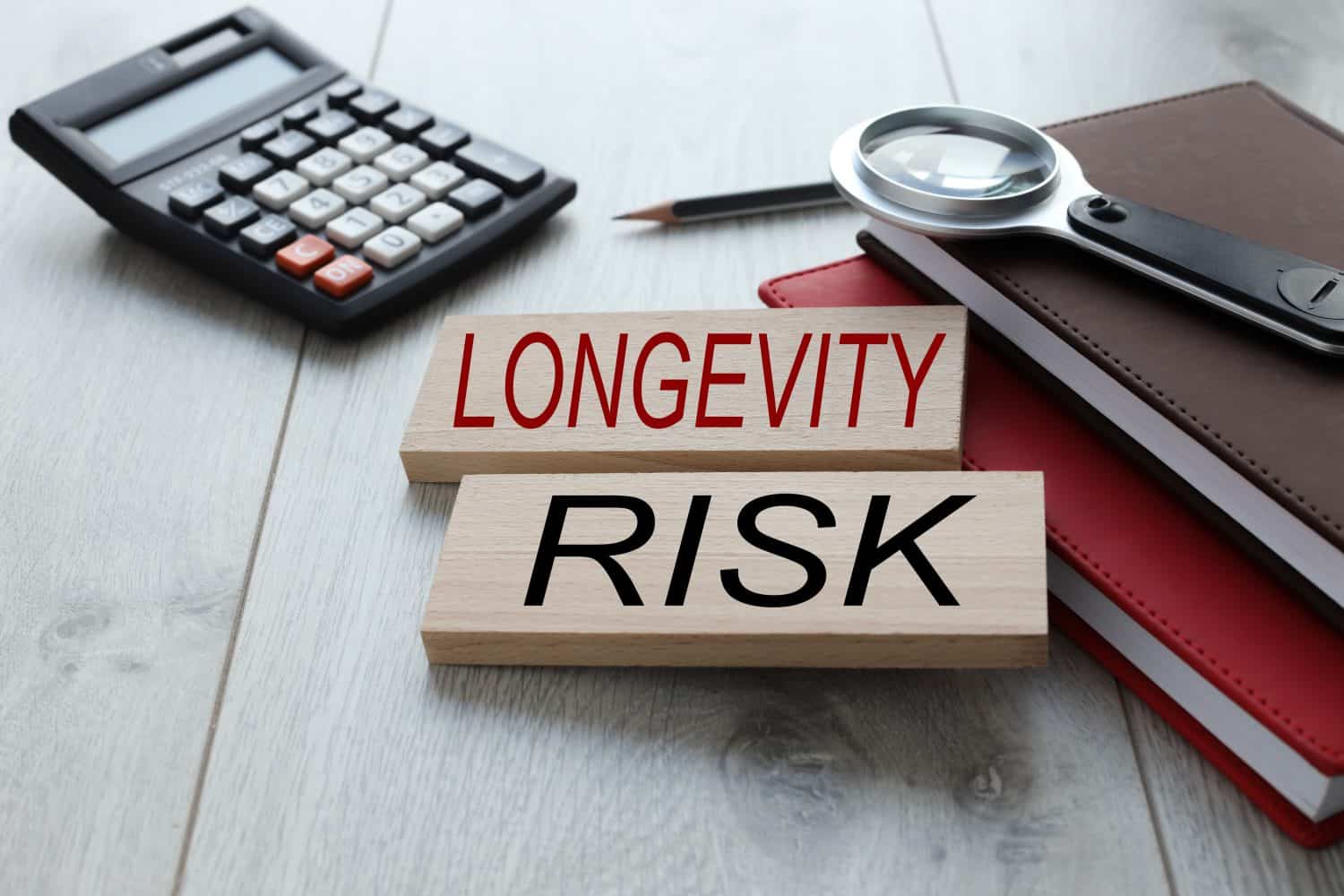 LONGEVITY RISK. Business concept. wooden blocks text on red notepad