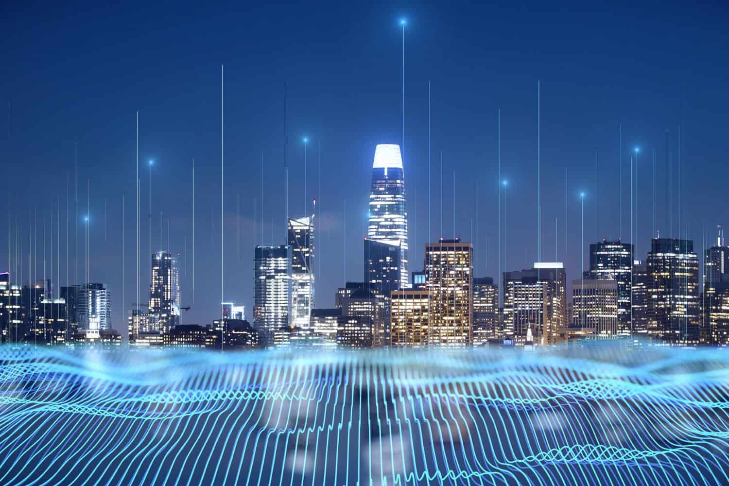 Smart city, high speed internet and big data connection technology concept digital graphic wire waves on night city skyscrapers skyline background, double exposure