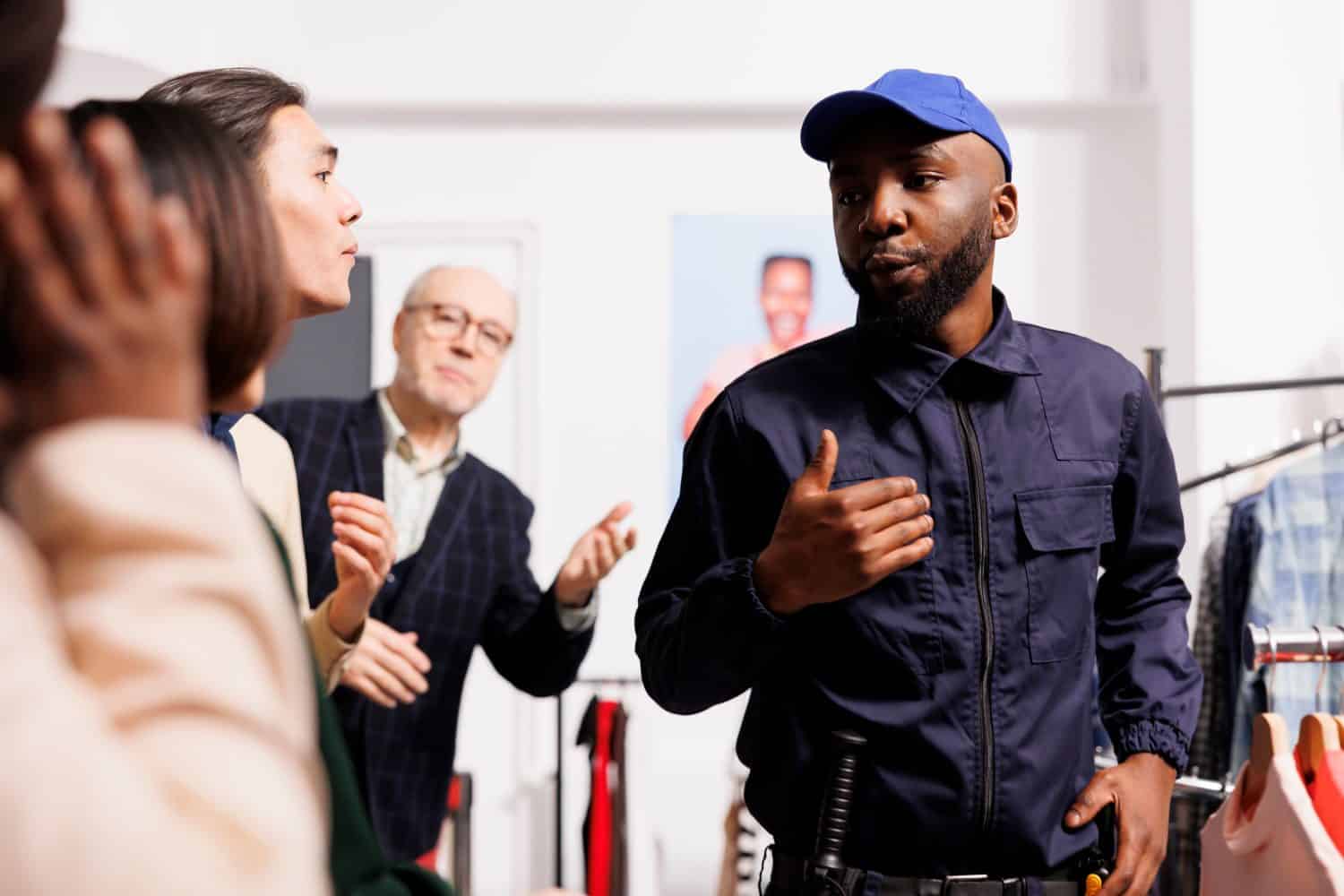 Shoppers yell at African American man security officer, waiting in line at fashion store entrance. Diverse people customers being rude and unpleasant with shopping mall employee during Black Friday