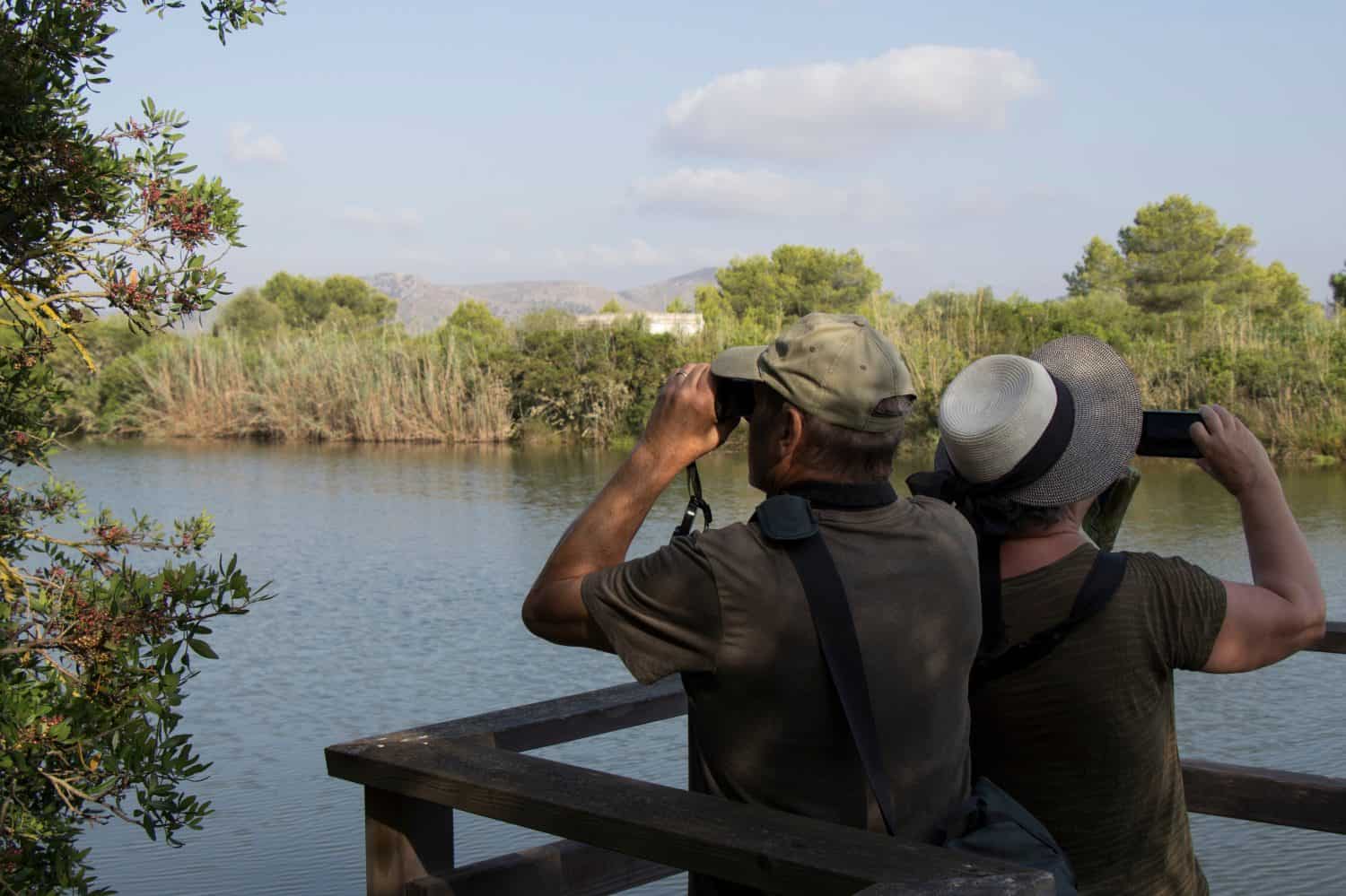 A couple of ornithologists trying to spot some birds in the Natural Park of S'Albufera, Mallorca.