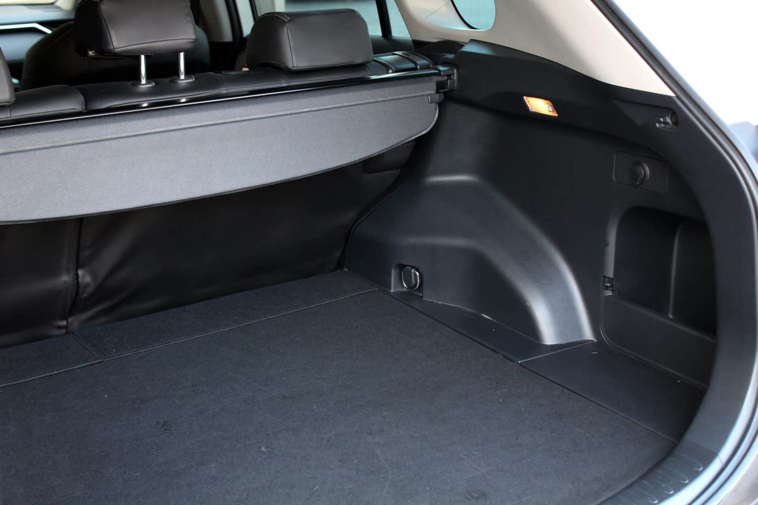 Premium SUV open trunk. Open empty trunk in the modern SUV. Car boot space shot. Modern SUV open trunk. Ready for luggage loading. Right view.