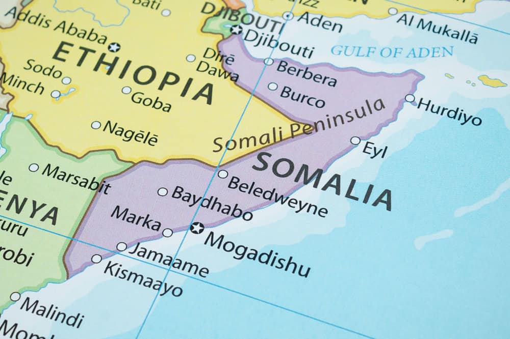 Close up to a Somalia political map with country frontiers and most importants cities