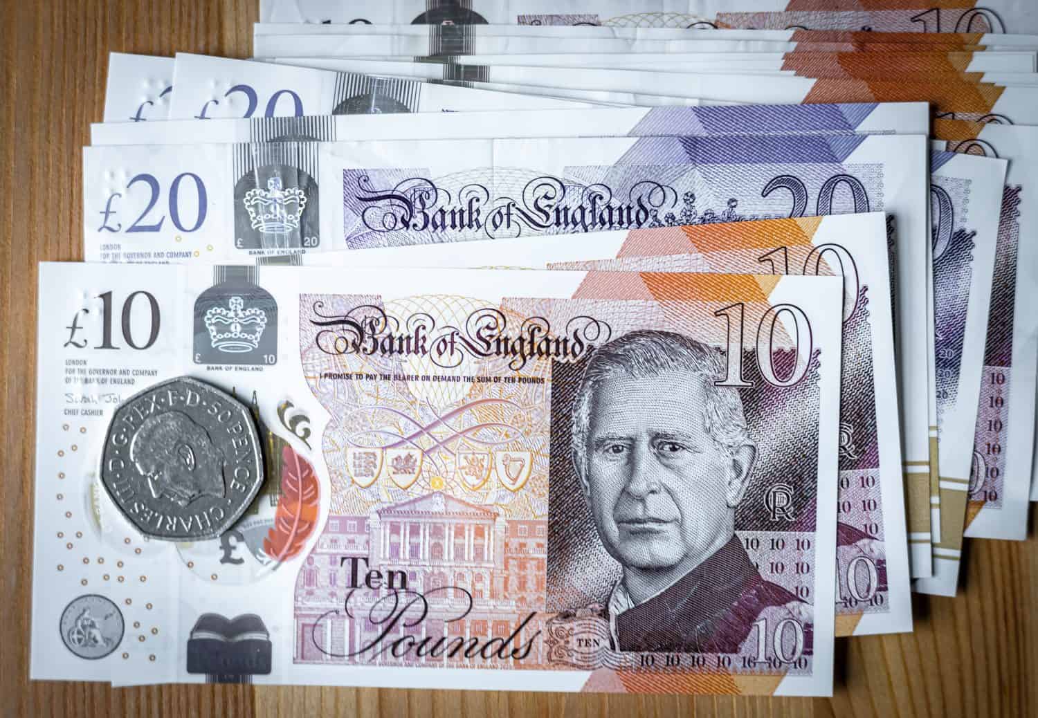 Banknotes featuring a portrait of King Charles III, first issued in June 2024 by Bank of England, UK