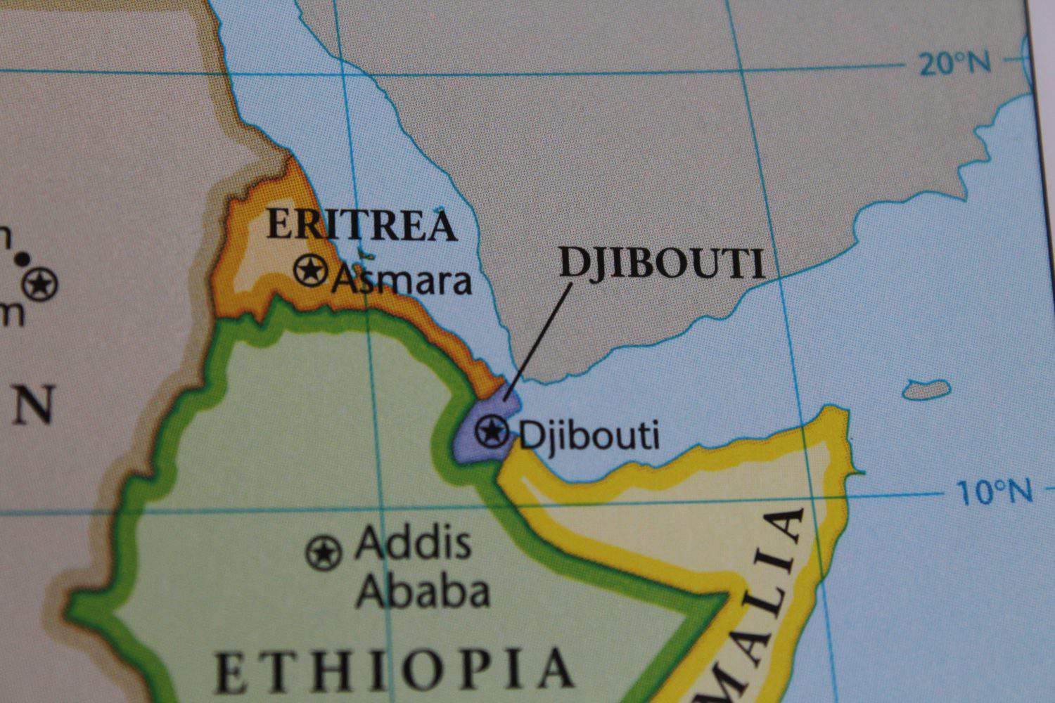 close up of the country of Eritrea and Djibouti viewed on a wold map as a travel concept. Djibouti on a map