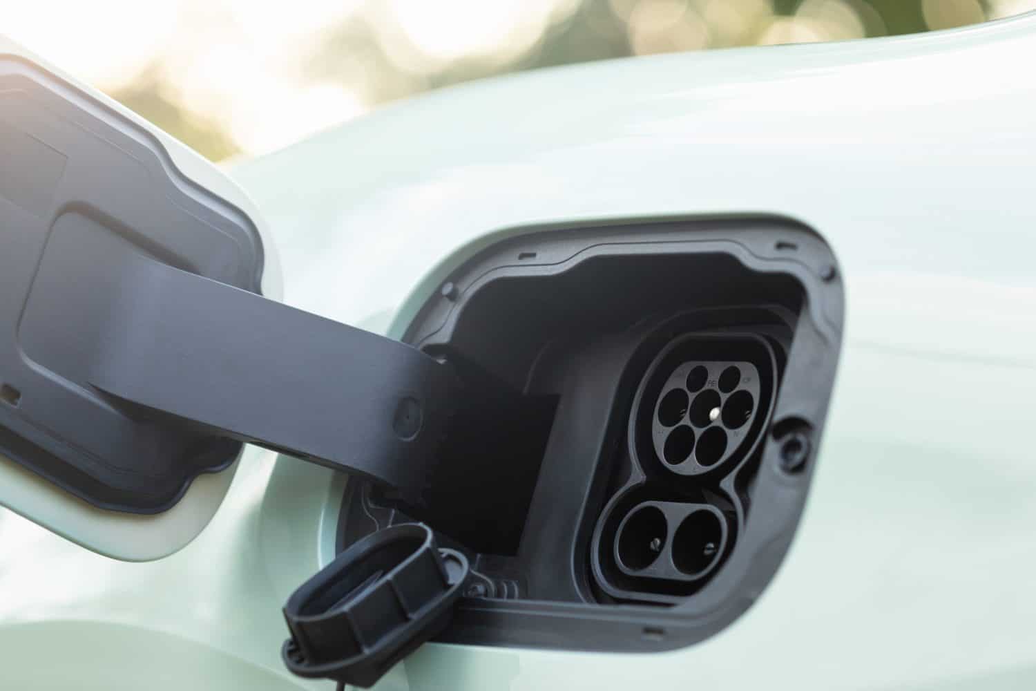 Close-up of an open electric vehicle charging port showing both AC and DC connectors, emphasizing dual charging options for versatile energy solutions