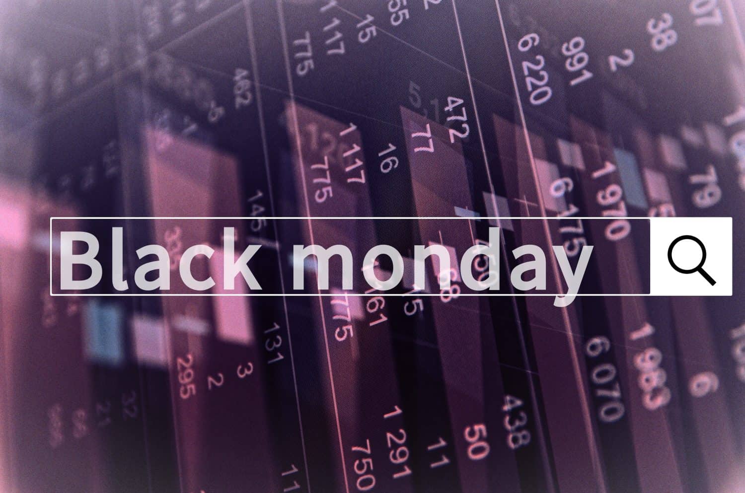 Black Monday written in search bar with the financial data visible in the background. Multiple exposure photo.