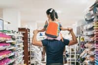 Father and daughter buying school supplies preparing to go back to school, preparing for september, girl on shoulders