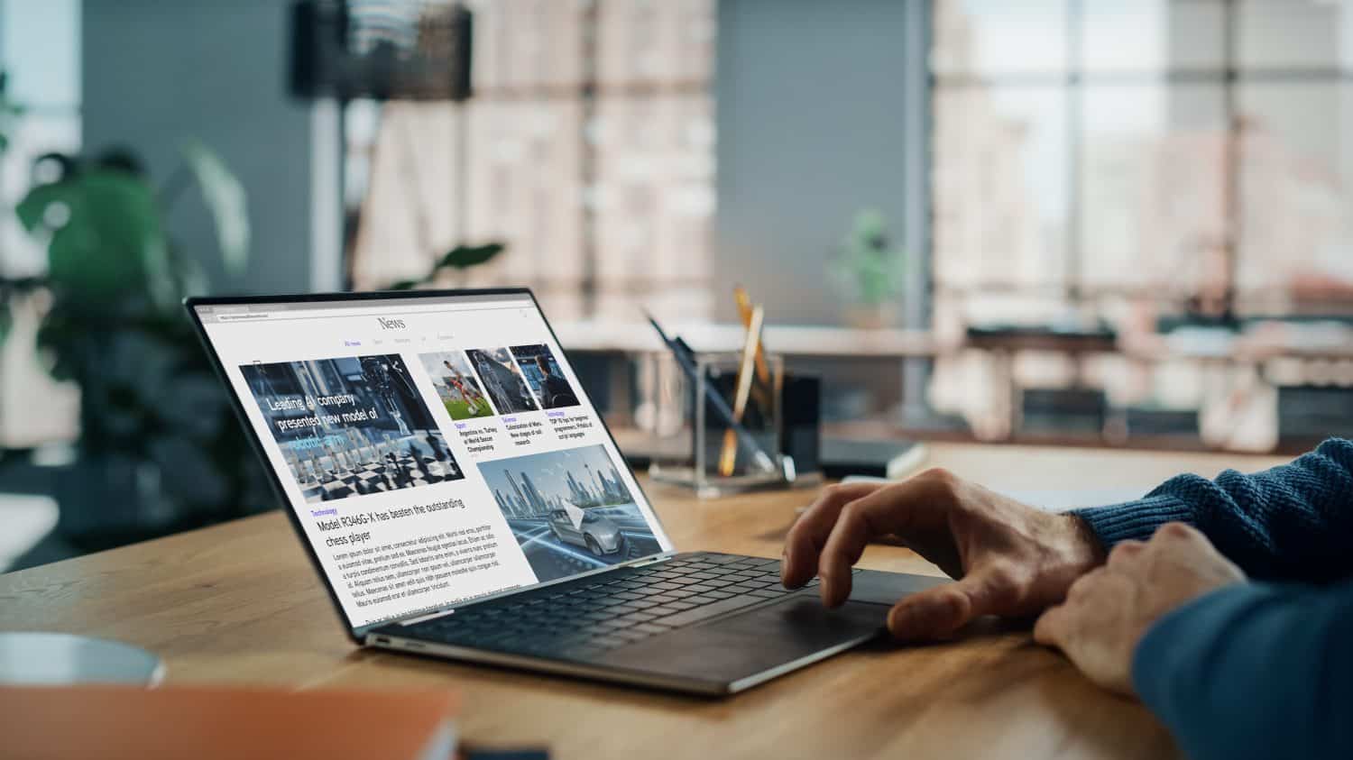 Close up on Hands of Caucasian Man Using Laptop Computer for Reading Latest News. Freelance Male is Doing Financial Market Analysis and Report for Clients and Employer in Cozy Creative Living Room.