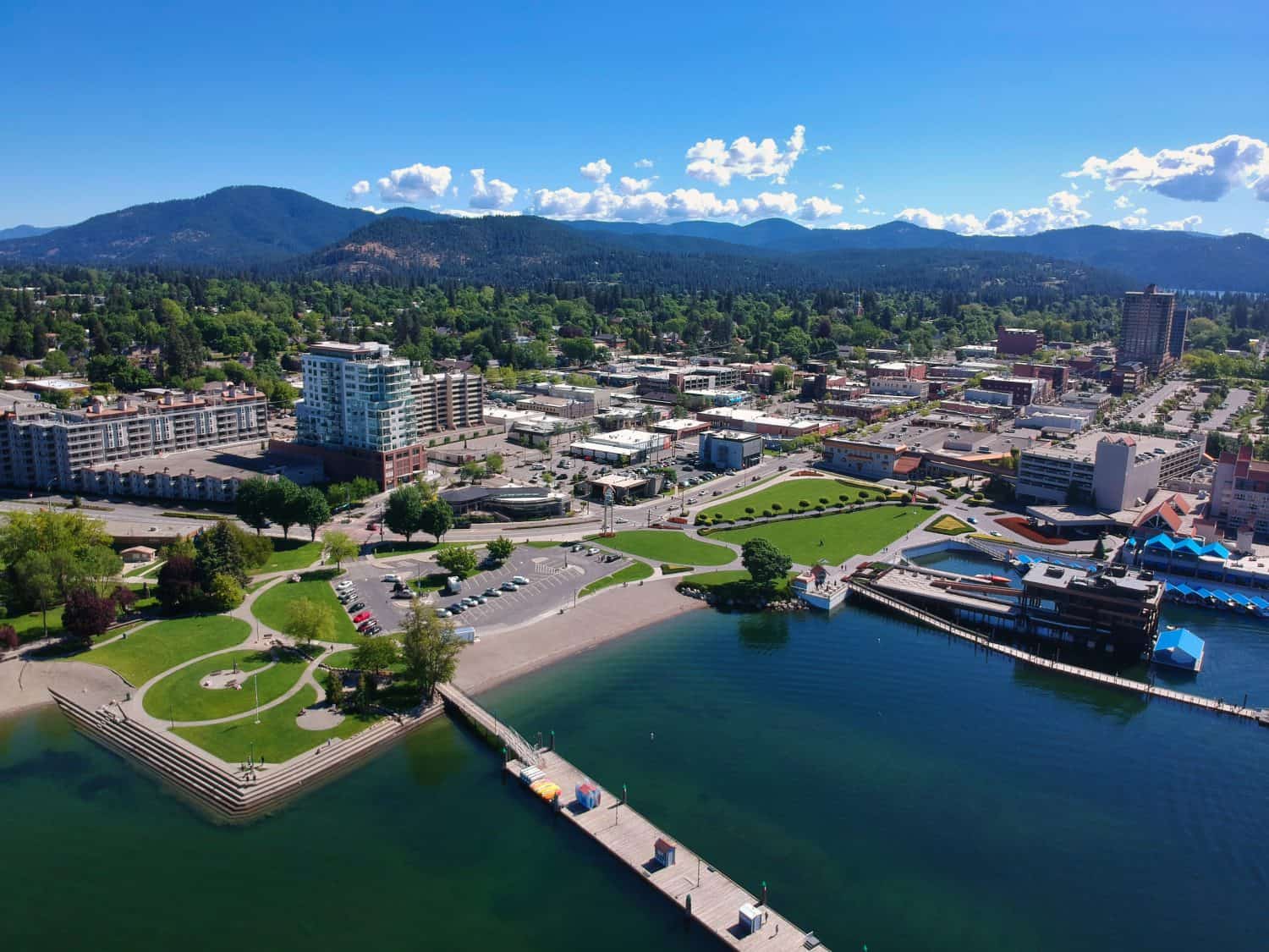 An Aerial View of Coeur d'Alene, Idaho from over Lake Coeur d'Alene