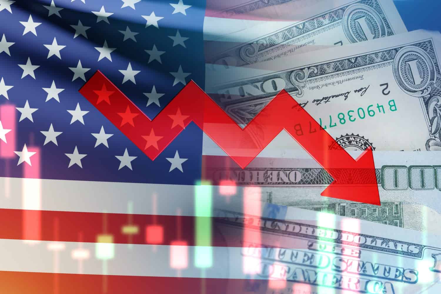 Arrow down and American money. USA flag with decline chart. Decline in USA bond yields. Decrease in profits American corporations. Falling income in USA. Reducing GDP growth concept.