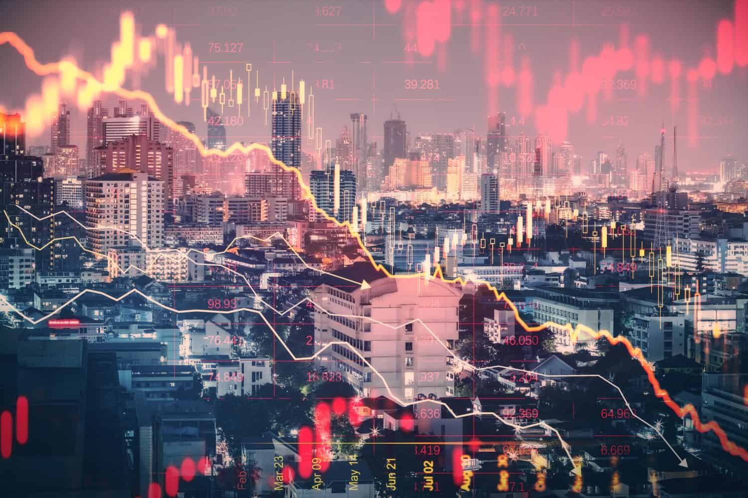 Abstract downward red forex chart on blurry city background. Crisis, recession and economic fall concept. Double exposure