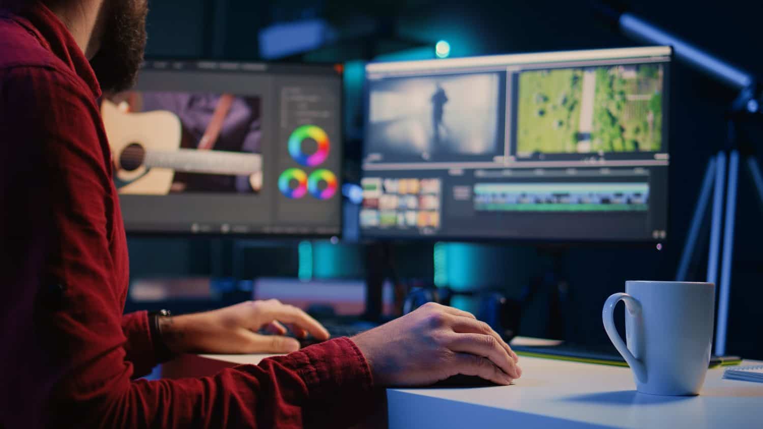 Video editor arranging recorded stock clips into seamless whole in creative multimedia agency. Videographer manipulating film pieces, assembling recorded footage into finished project