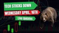 A dark, dynamic image featuring a large brown bear on the right, walking towards the viewer, against a background of a stock market chart with green and red candlestick patterns and various colored trend lines. Three angled banners with white text are layered on the left: a top green banner reads 'TECH STOCKS DOWN', a middle red banner reads 'WEDNESDAY APRIL, 16TH', and a bottom green banner reads 'Live Updates'.
