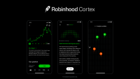 Three smartphone screens, depicting the Robinhood Cortex platform, are arranged on a dark background. The left screen displays a green stock chart, a news digest titled 'RALI Digest' about import taxes, and a 'Trade' button for 'Your position'. The middle screen shows 'RALI $140.14' over a pulsing green dotted pattern, along with an article headline 'Retail Sentiment Shift Signals Caution'. The right screen indicates '4 insights available' with two green and two orange circular markers on a similar dotted background. The 'Robinhood Cortex' logo is prominently featured above the screens.