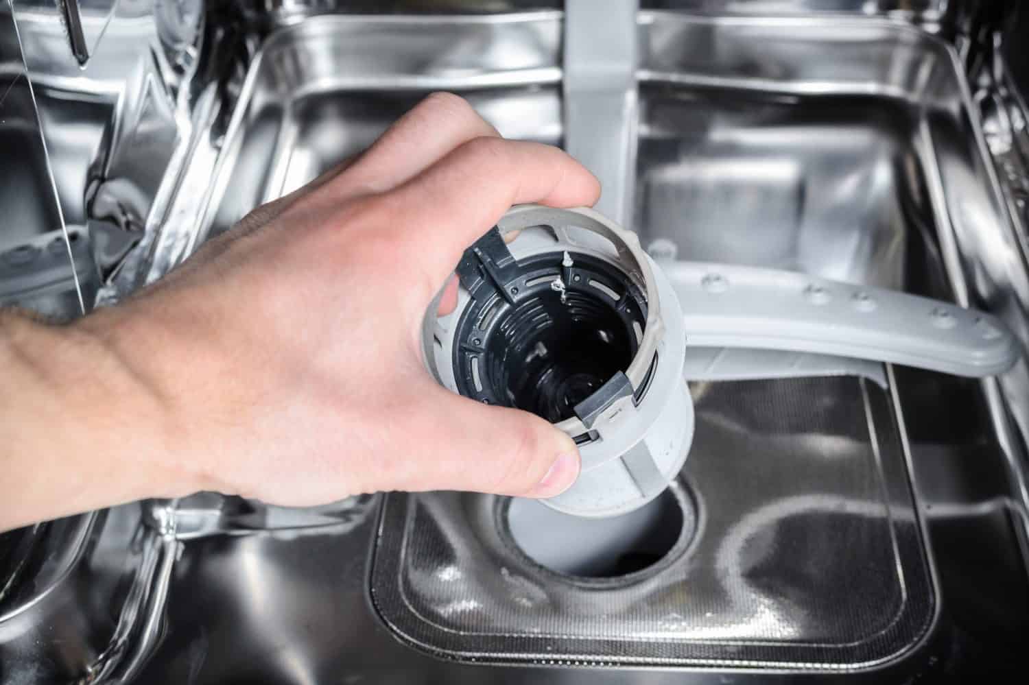 man cleans the filter in the dishwasher. Maintenance of home appliances