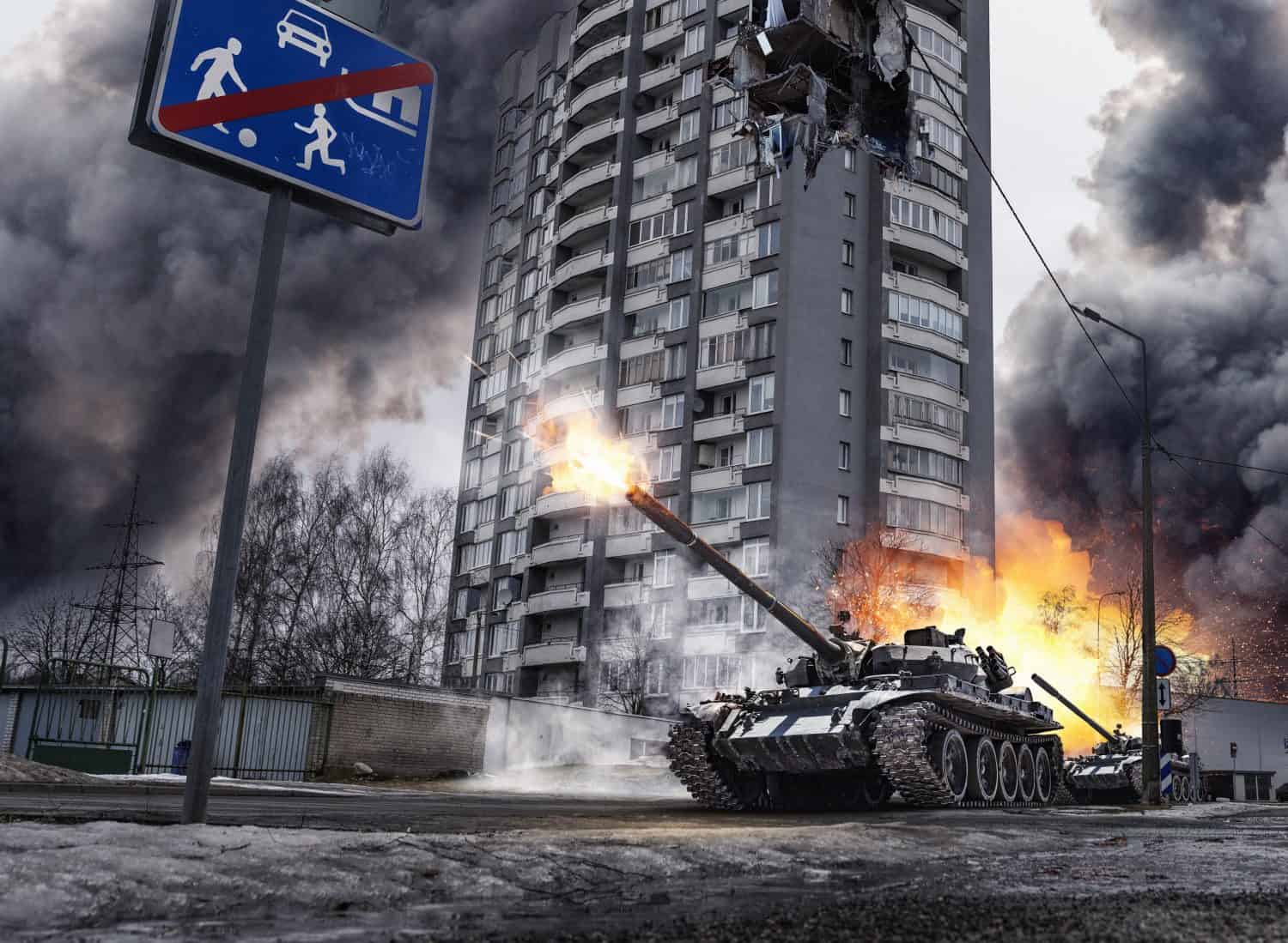 Tanks fire in the city battle. Damaged building rubbles, explosions, and smoke in the city streets now are a battlefield. War in the Ukraine urban residential area. No playground for kids sign concept