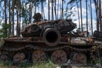 A close-up of the barrel of a downed Russian tank during the military invasion of Ukraine. Ukraine war