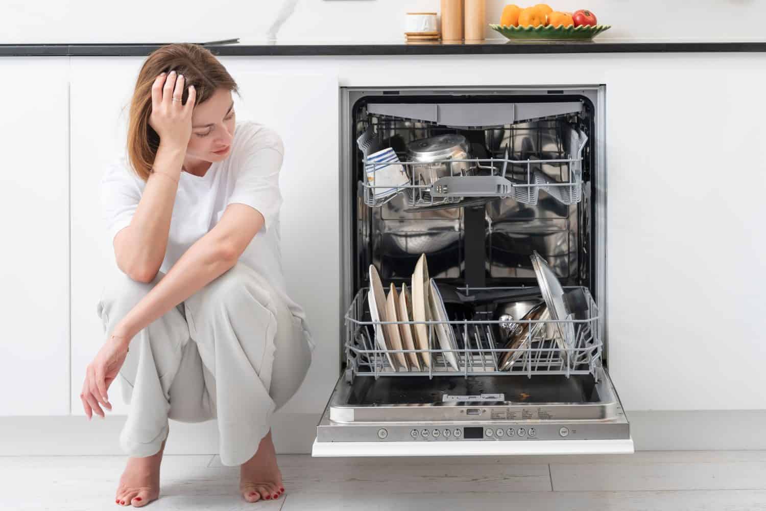 Tired and bored woman putting dirty plates in dishwasher machine in the kitchen. Household and exhausting cleaning day concept