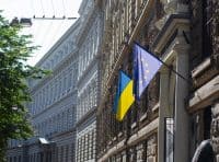 Flag of the European Union and Ukraine. Embassy of Ukraine. Flag of the country. International organization. A democratic country.