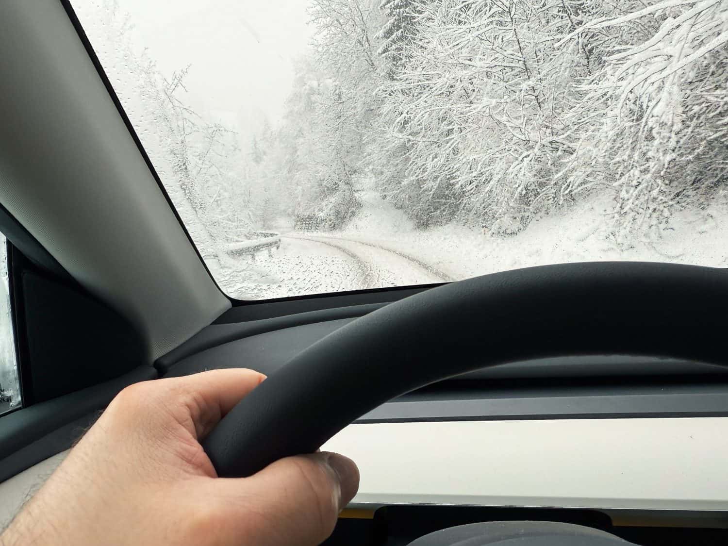 Driving an Electric Vehicle Through a Snowy Forest – POV Winter Travel