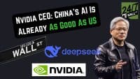 A composite image with Nvidia CEO Jensen Huang on the right, gesturing, wearing glasses and a black leather jacket. To the left, a black banner with white text reads 'NVIDIA CEO: CHINA'S AI IS ALREADY As GOOD As US', with 'GOOD As US' in green. Below the banner, a black Wall Street sign with '105-120 -> WALL ST' in white. A blue deepseek logo (whale icon and text) is in the center, and a green and white Nvidia logo is at the bottom. A green 24/7 Wall St. logo is in the top right.