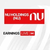 A digital graphic on a white background with subtle gray curved lines. A large red horizontal bar features white text 'NU HOLDINGS (NU)' on the left and a large stylized white 'nu' symbol on the right. Below the red bar, in black text, are the words 'EARNINGS LIVE' positioned next to a small red rectangular icon containing a white live broadcast symbol.
