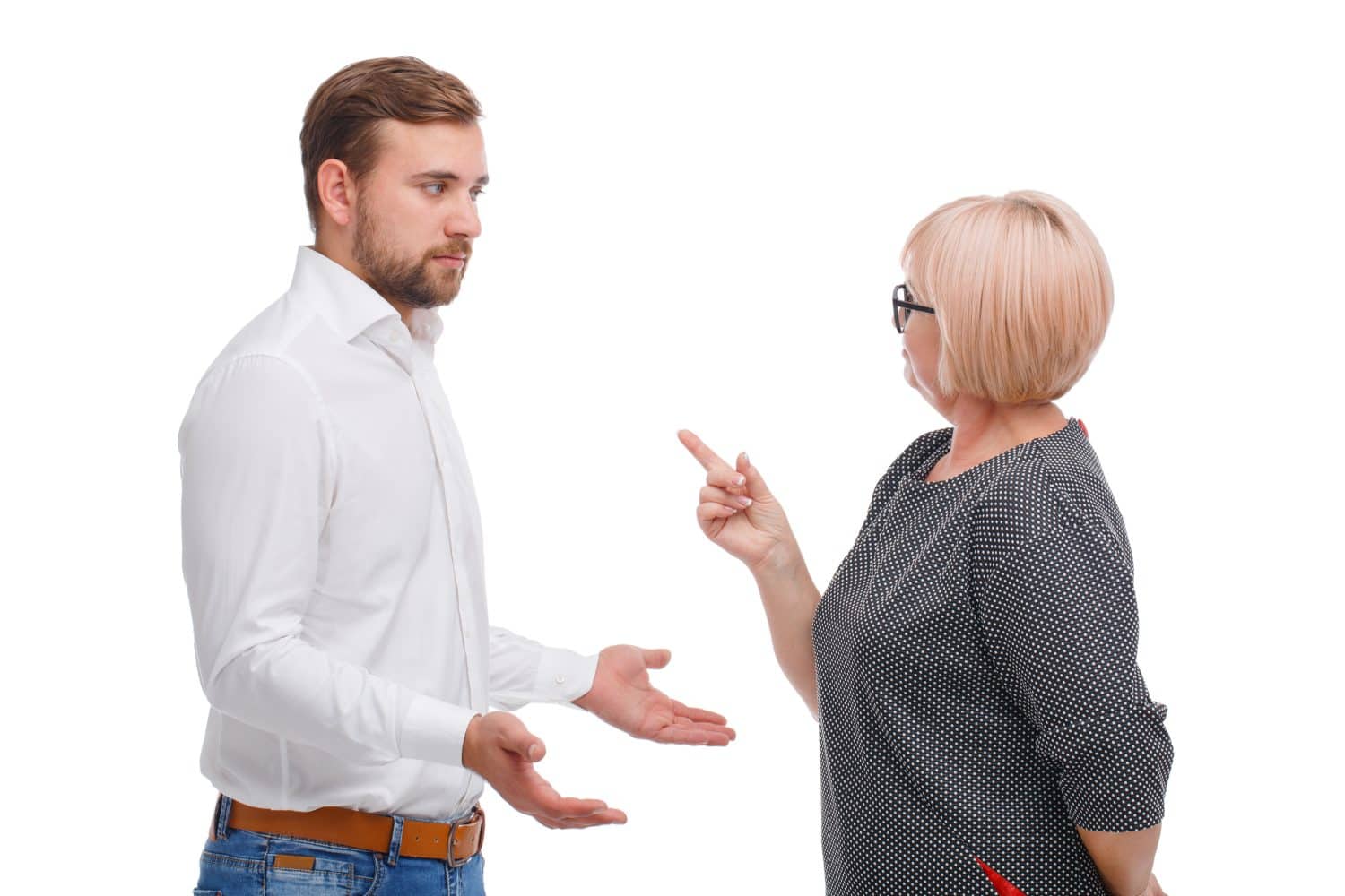 Young man and older woman arguing isolated on white background. Gender conflict