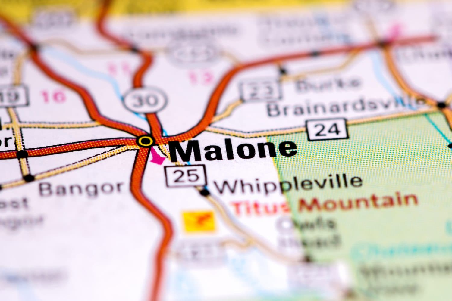 Malone. New York. USA on a map