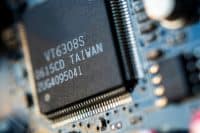 Close up Macro shooting of computer main board or circuit board's integrated elements. Made in Taiwan, Science and Technology concept. Shallow depth of field and copy space.