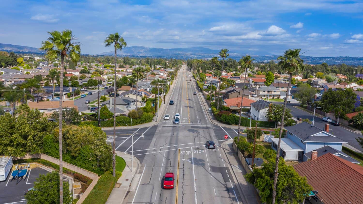 Aerial view of a palm tree lined neighborhood in Placentia, California.