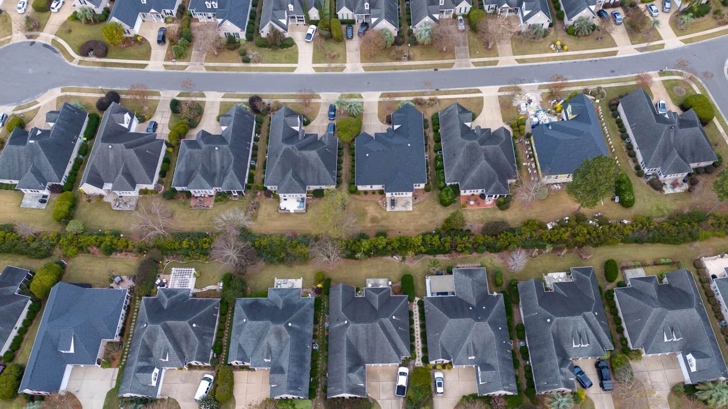 Aerial view of houses in a gated community in Leland, North Carolina.