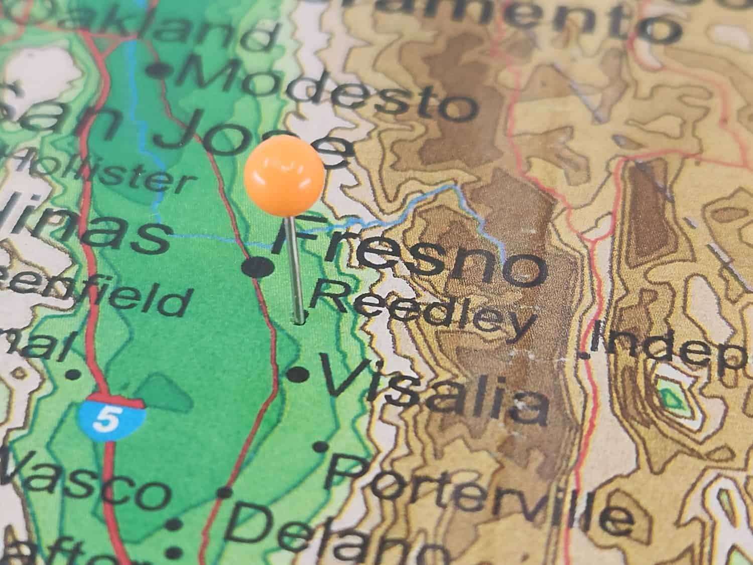 Reedley, California marked by an orange map tack. Reedley is a city located in Fresno County, CA.