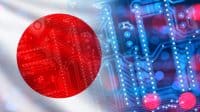 Microelectronics industry in Japan. Fragment of digital board. Supply of microelectronics from Japan. PCB with national flag. Semiconductor exports to Japan. Microelectronics manufacturing.