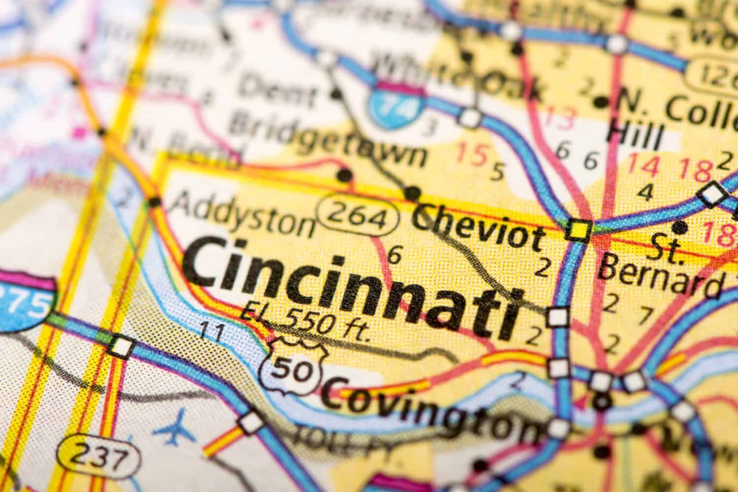 Closeup of Cincinnati, Ohio on a political map of the United States.