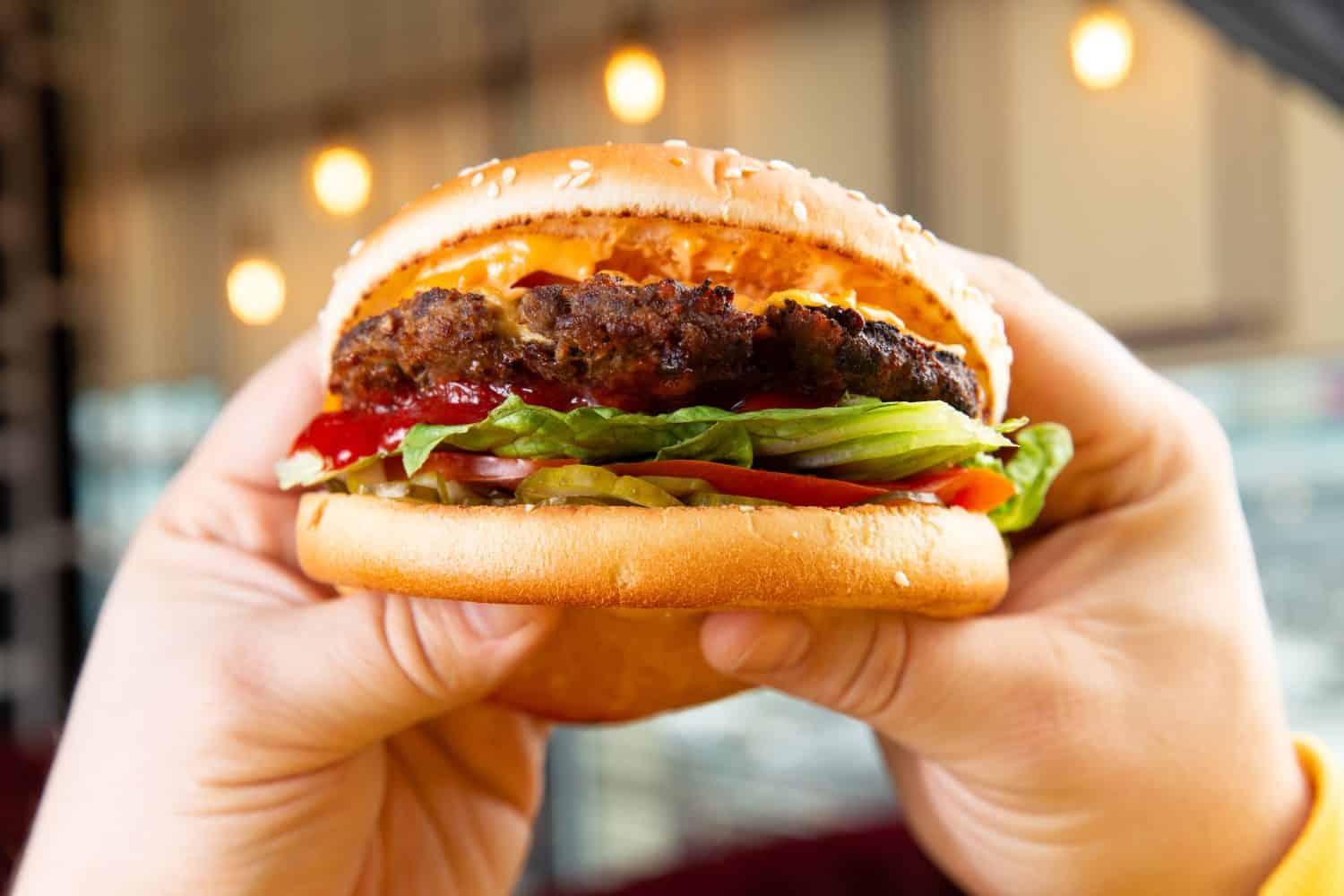 Hands holding a great burger. With cheese and lettuce. Selective focus.