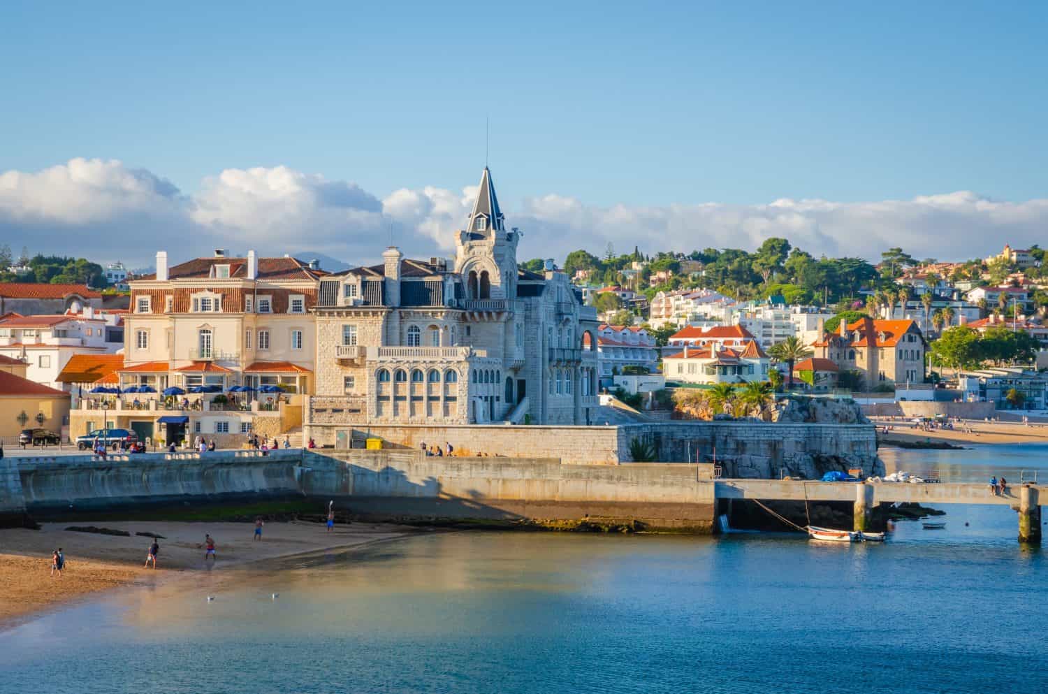 Beautiful coast of old town Cascais, Portugal, at sunset in summer day