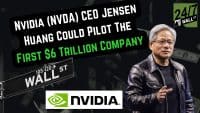 A promotional image with NVIDIA CEO Jensen Huang in a black leather jacket and glasses, gesturing with his right hand. To his left, large white text with a green highlight reads 'NVIDIA (NVDA) CEO JENSEN HUANG COULD PILOT THE FIRST $6 TRILLION COMPANY.' Below the text is a black street sign that says '105-120 -> WALL ST'. The NVIDIA logo is at the bottom, and the 24/7 Wall St logo is in the top right corner. The background is dark with faint, blurred images of dollar bills.