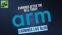 A dark blue graphic background with diagonal lines and a subtle dot pattern features a green square logo on the top left corner that reads '24/7 WALL ST'. In the upper middle, white text states 'EARNINGS AFTER THE BELL TODAY'. The word 'arm' is displayed largely in a light blue font, angled across the center. At the bottom, a light blue rectangular banner contains dark blue text that says 'EARNINGS LIVE BLOG'.