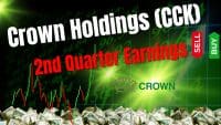 A financial graphic with the bold white text 'Crown Holdings (CCK)' at the top and '2nd Quarter Earnings' in bold red text below it. A stock candlestick chart with red and green bars is visible against a bright green background with blurred financial numbers. A red arrow points down with the word 'SELL' vertically aligned, and a green arrow points up with the word 'BUY' vertically aligned. A gold crown logo is next to the text 'CROWN'. The bottom of the image shows a large pile of US dollar bills.