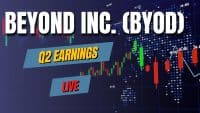 A financial graphic with bold white text 'BEYOND INC. (BYOD)' at the top. Below are two angled blue banners: one with yellow text 'Q2 EARNINGS' and another with red text 'LIVE'. The background displays a dark blue stock market chart with red and green candlesticks, gridlines, and a subtle dotted world map overlay.
