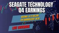 A digital graphic titled 'SEAGATE TECHNOLOGY Q4 EARNINGS' in large white letters. Below, two blue-grey banners display key financial figures: '- REVENUE: $1.72 BILLION' and '- EPS (NORMALIZED): $0.91' in yellow text, along with 'LIVE COVERAGE' in red text. The background features dark blue stock charts with green and red candlesticks, white line graphs, grid lines, and a dotted world map, symbolizing global financial markets.