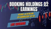 A dark blue financial graphic with a candlestick chart and a world map in the background. Prominently displayed in large white text are 'BOOKING HOLDINGS Q2 EARNINGS'. Below, on two angled blue banners, are yellow text details: '– REVENUE: $6.59 BILLION' and '– EPS (NORMALIZED): $37.36'. The bottom banner features 'LIVE COVERAGE' in red text.